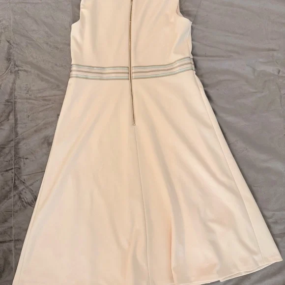 Calvin Klein Cream Fit & Flare V Neck Midi Dress with Striped Accents - Size 10 - Picture 5 of 9